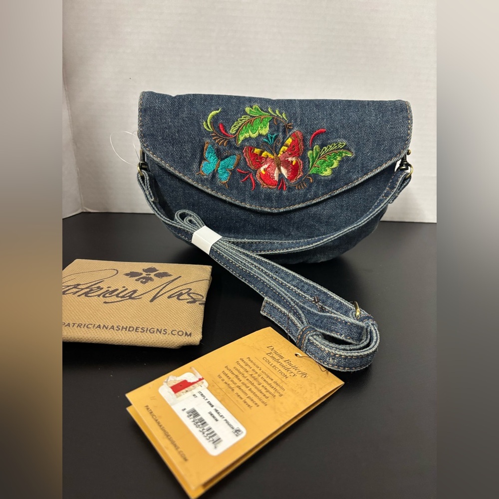 Patricia Nash Healey Pouch Bag - Denim Butterfly Embroidery